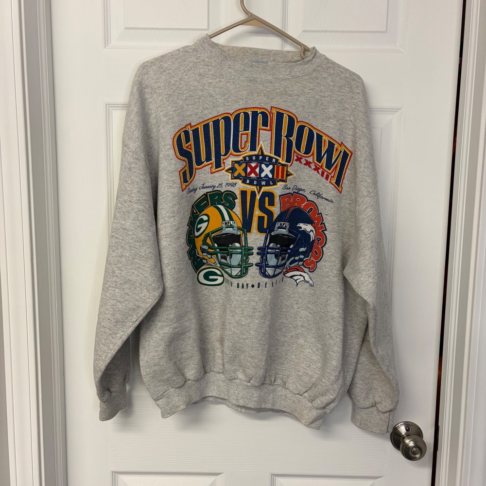 Vintage 1998 Super Bowl XXXII Logo 7 Sweatshirt Packers vs Broncos Gray XL